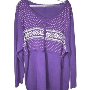 Snowflake Fair Isle Knit Button Neck Tunic Sweater Plus Size Purple‎